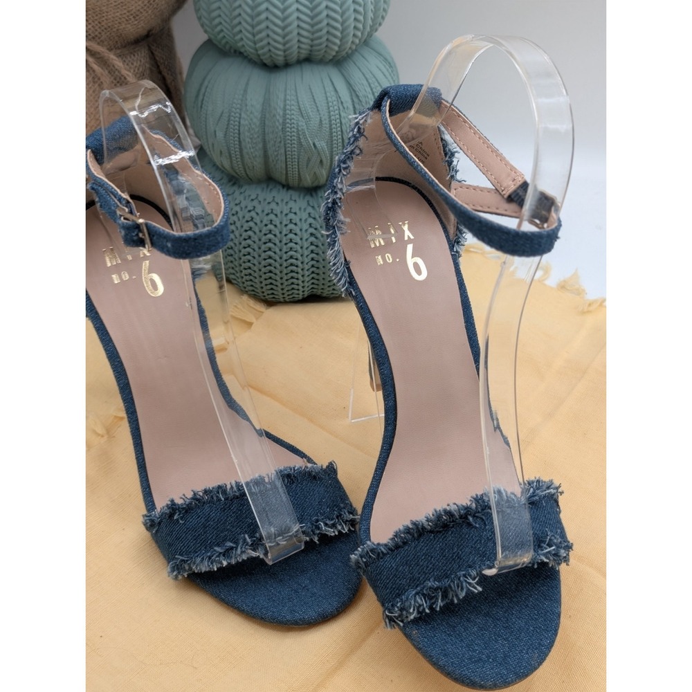 MIX NO. 6 Pavia Frayed Denim Ankle Strap High Heels Sandals Blue 7.5 Y2K Boho